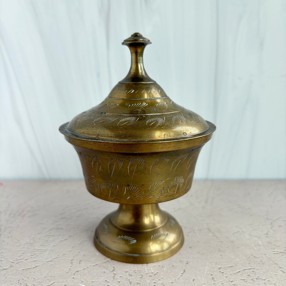 Vintage Etched Brass Lidded Pedestal Bowl India Peacock Pattern 5.5 inch Gold